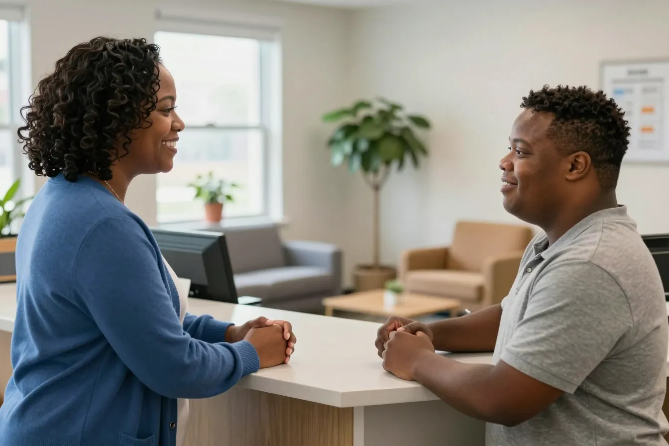 A smiling QLI staff member greets a young man at the front desk of the office