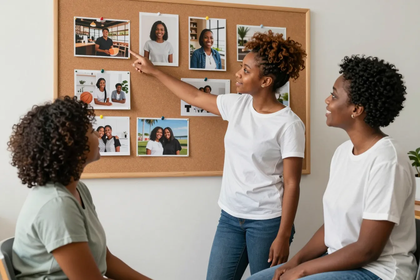 A young woman points to photos of her goals on a corkboard while her caregiver and mother listen