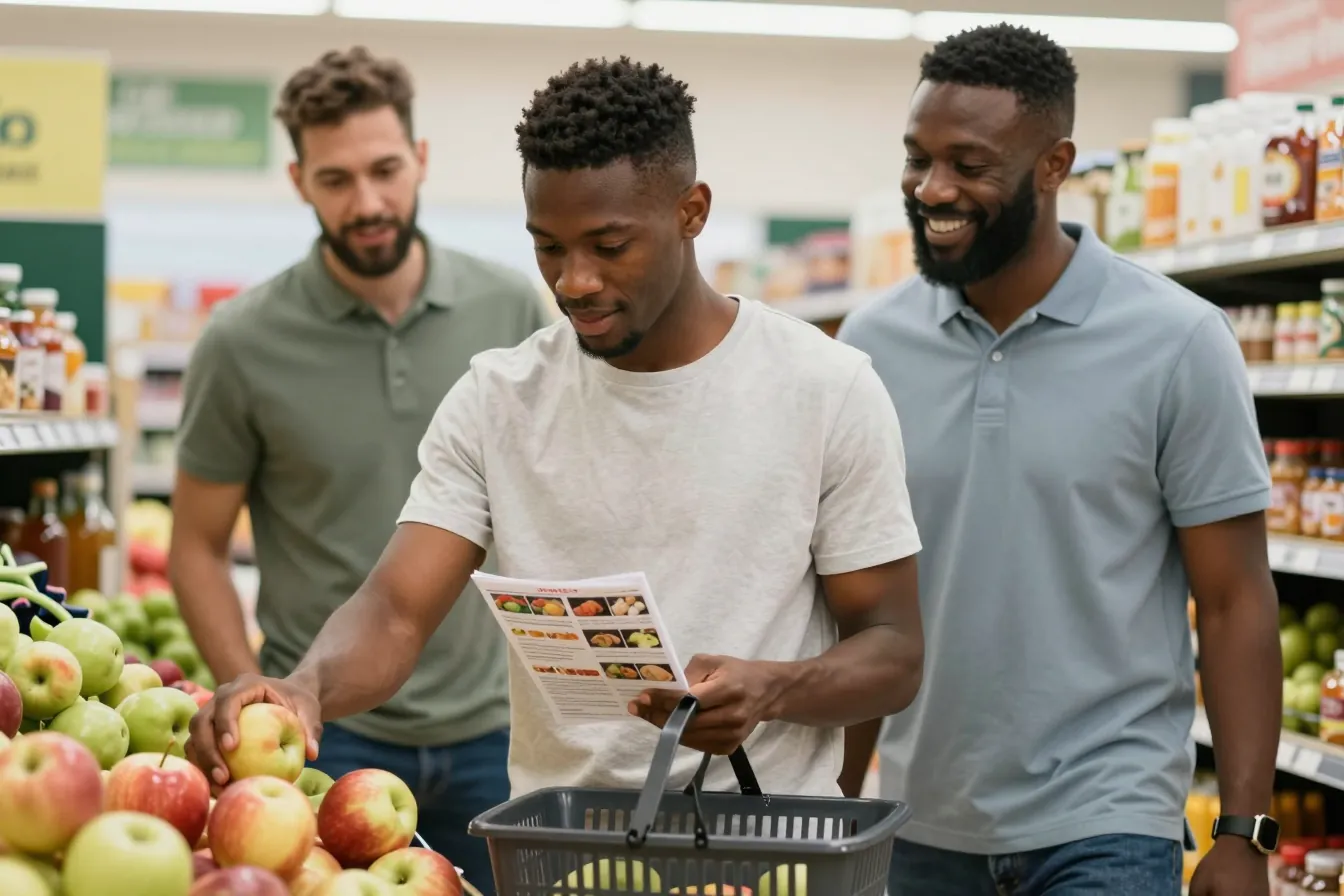 A young man picks out apples using a picture shopping list, with support staff beside him at the grocery store