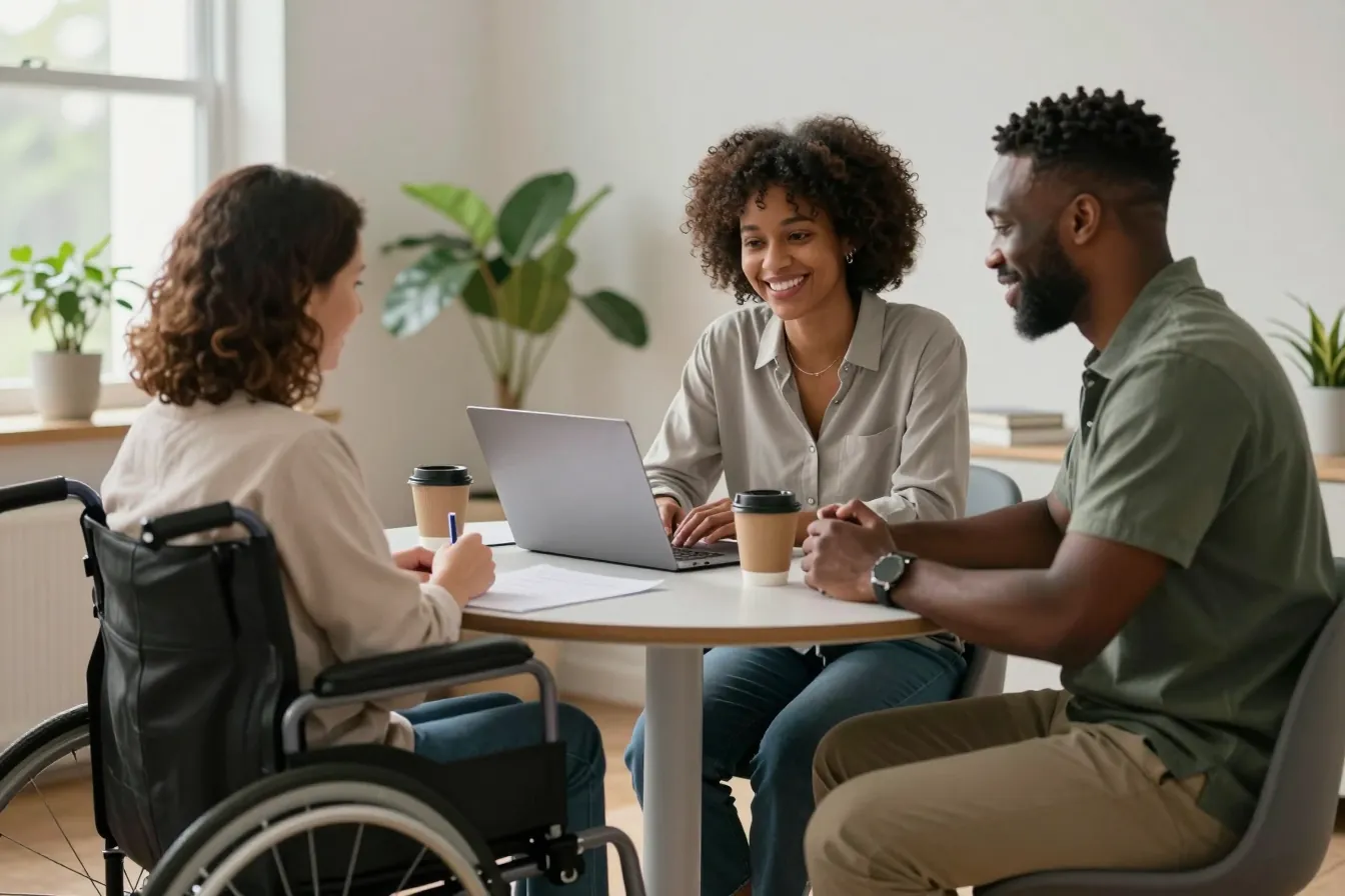 A support broker meets with a young woman who uses a wheelchair and her father at a table with a laptop