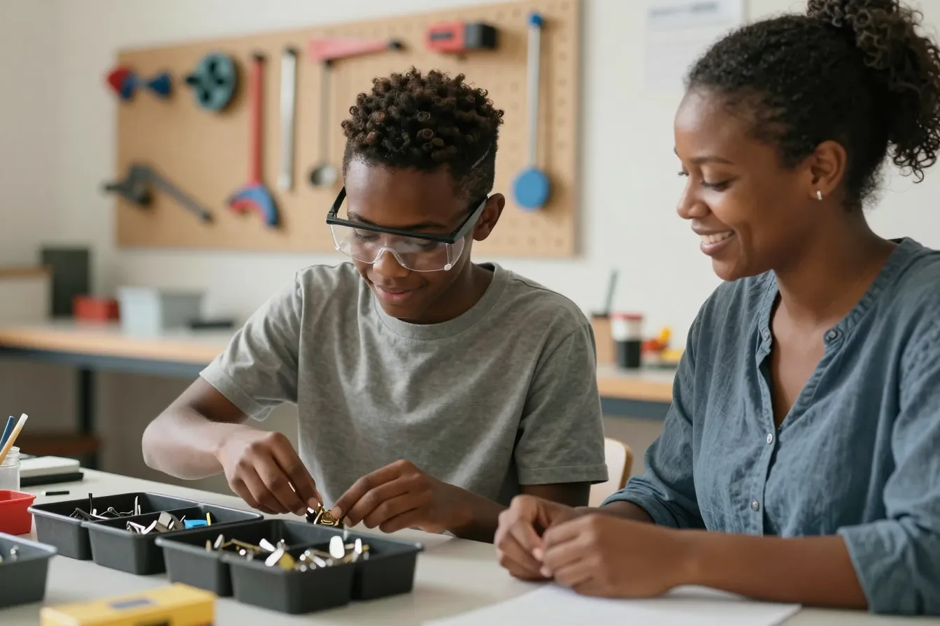 A young man in safety glasses sorts parts at a vocational workshop table with his instructor
